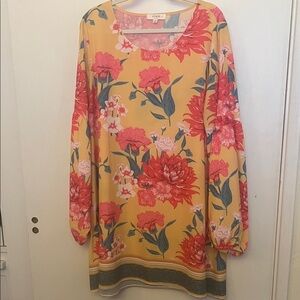 Umgee Yellow, Coral and Green Floral Dress long sleeve size 2X